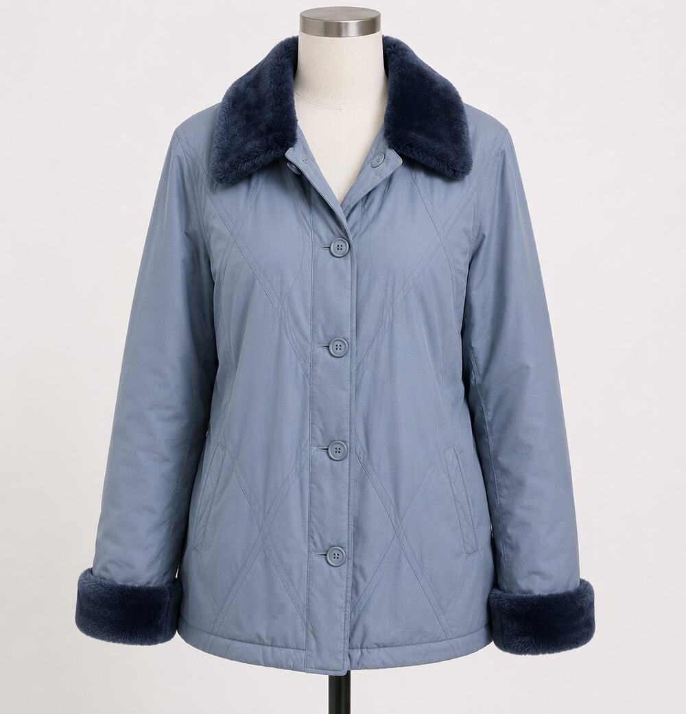 Vintage Blue Jacket with Faux Fur Collar Puffer Quilted Silk Blend Medium